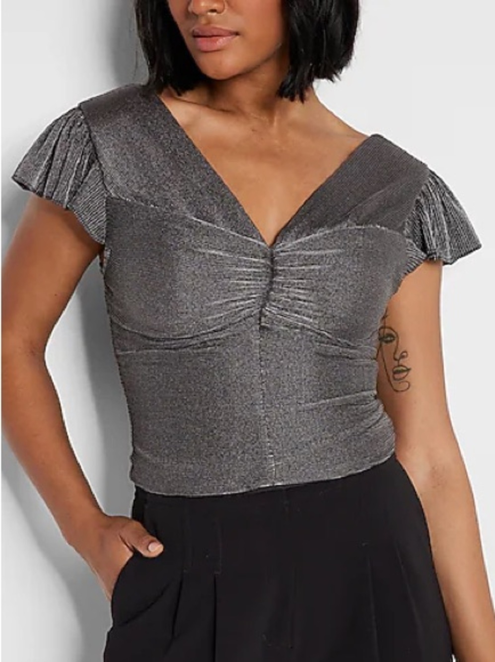 NWT Express Metallic Gray V-Neck Ruched Crop Top Small
